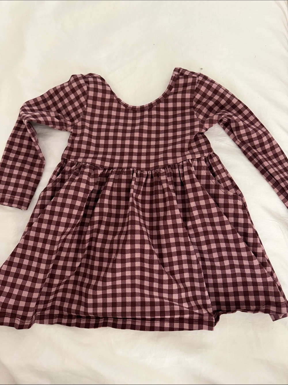 Quince Girls Long-Sleeve Pink and Maroon Gingham Dress